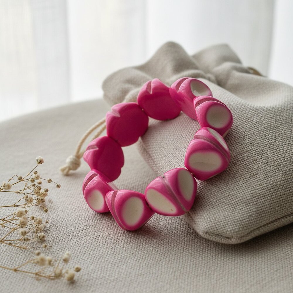 Tagua Petal Bead Stretch Bracelet – Pink & Natural Ivory